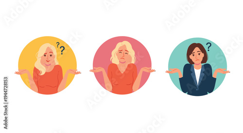 Three diverse women shrugging their shoulders with confused facial expressions and question marks inside colorful circular frames.