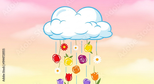 Colorful flowers and fruits hanging from a fluffy white cloud on transparent background