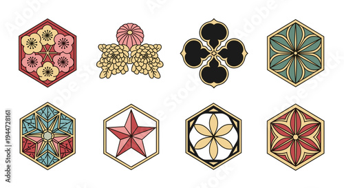 Collection of eight exquisite Japanese style crests and emblems featuring geometric patterns and floral motifs in classic colors.