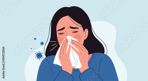 Sick woman sneezing into a white tissue with virus symbols in the air, illustrating a common cold, flu, or infection.