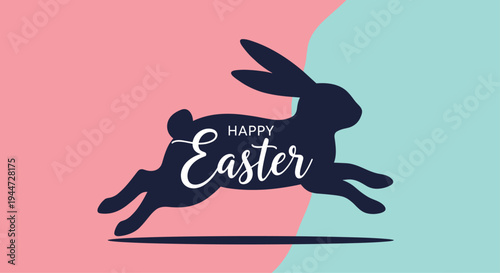 Festive Happy Easter greeting card featuring a dark silhouette of a leaping bunny against a two-tone pink and blue background.