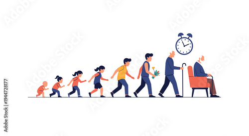 Illustration depicting the stages of human life from infancy and childhood to adulthood and old age with a symbolic clock.
