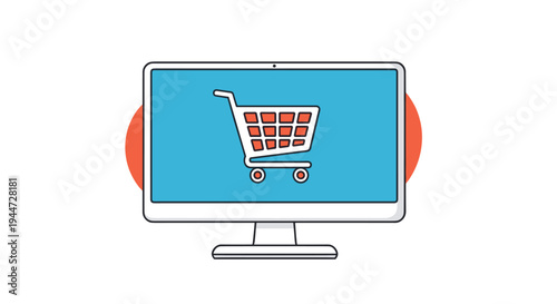 Ecommerce concept illustration featuring a blue computer monitor screen with a large red and white shopping cart icon.