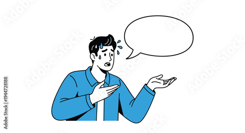 Anxious man sweating and gesturing with a worried look while standing next to a large empty speech bubble for text.