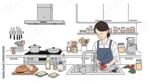 Detailed illustration of a woman in an apron washing fresh vegetables at a sink in a fully equipped modern kitchen.