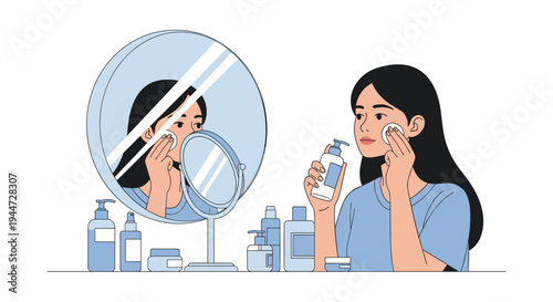 Young woman performing a daily skincare routine in front of a mirror with various beauty products and cotton pads.