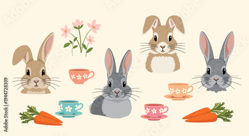 Collection of adorable rabbit illustrations featuring various bunny poses alongside colorful spring flowers, carrots, and decorative teacups.