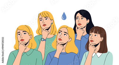 Group of diverse young women showing thoughtful and confused facial expressions while looking up towards a single water drop symbol.
