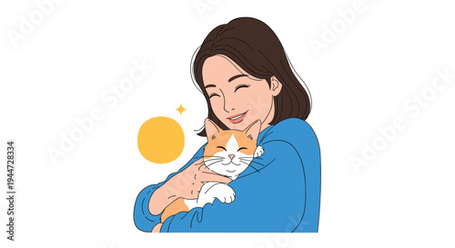 Happy young woman tenderly embracing her pet ginger cat while smiling with eyes closed in a heartwarming moment of companionship.