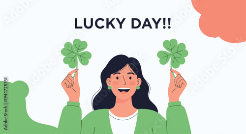 Joyful woman celebrating a lucky day while holding two large green four-leaf clovers in a bright and positive stock illustration.