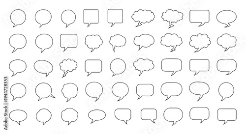 Comprehensive collection of diverse blank speech bubble shapes and comic thought clouds for communication and dialogue design elements.