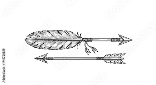 Detailed hand-drawn vintage style tribal arrows with intricate feathers and points depicted in a black and white sketch art style.
