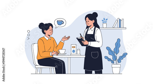 Female waitress in an apron taking a coffee order from a seated customer in a modern cafe setting with books and indoor plants.