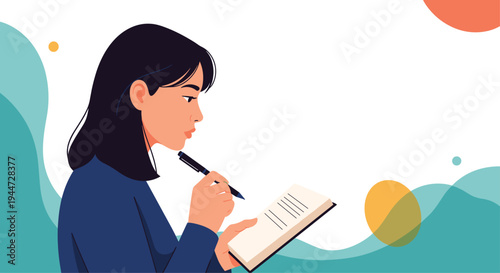 Thoughtful young woman writing in a small notebook with a pen against a colorful abstract wavy background with pastel shapes.