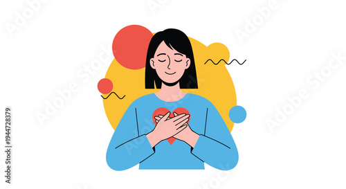 Peaceful young woman holding her hands over her heart with eyes closed expressing love gratitude or mindful self-care.