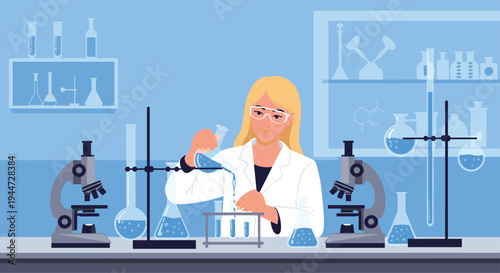 Professional female scientist performing chemistry experiments using flasks and test tubes in a modern laboratory with microscopes.
