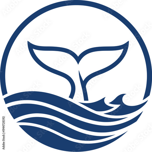 Simple stylized blue whale tail fluke dipping into ocean waves inside a circular border representing marine life conservation.