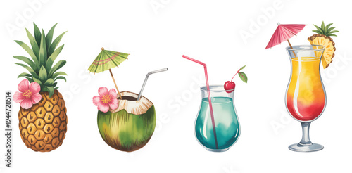 Tropical summer drink collection with coconut orange juice and green fruit cocktail in watercolor.