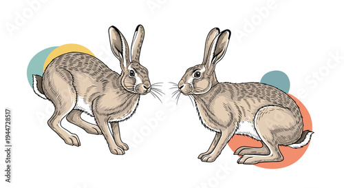 Pair of realistic hand-drawn rabbits facing each other set against a minimalist background with colorful abstract circles.