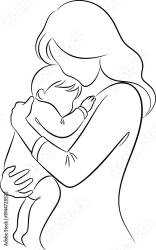 Minimalist line art illustration depicting a tender moment where a loving mother gently cradles her sleeping infant close to her chest.