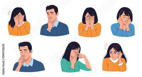 Collection of diverse people expressing various symptoms of illness and physical discomfort through facial gestures and postures.