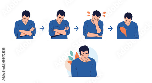 Five-step sequence illustration of a man experiencing deep sadness, grief, and a broken heart emotion on white background.