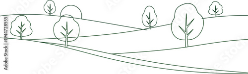 Minimalist landscape illustration depicting rolling green hills under a pale blue sky with a gentle sunrise over the horizon.