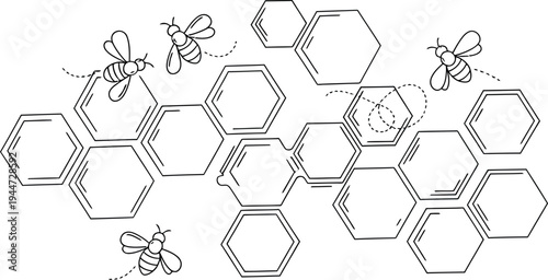 A charming simple black and white line art illustration featuring multiple busy honey bees flying around a natural geometric honeycomb pattern, creating a delightful minimalist design element.