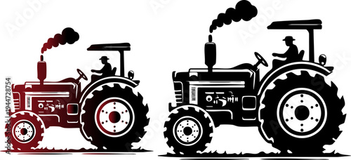 Vintage farm tractor operator silhouette design illustrating agricultural machinery power and classic farming heritage in detailed vector graphics set.