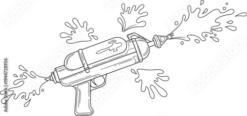 Detailed black and white line art illustration of a vintage water pistol toy actively squirting water splashes during summer fun