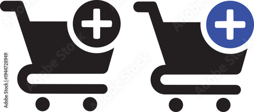 Digital Shopping Cart Icons: Illustrative rendering of digital shopping cart icons, showcasing variations with an 'add' symbol, ideal for digital e-commerce projects and design resources.