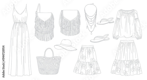 A beautiful collection of hand-drawn line art illustrations featuring essential bohemian style women's clothing and accessories perfect for summer vacation and relaxed resort wear.