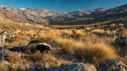 Wildlife scene: hog-nosed skunk searches for food in Patagonian scrubland