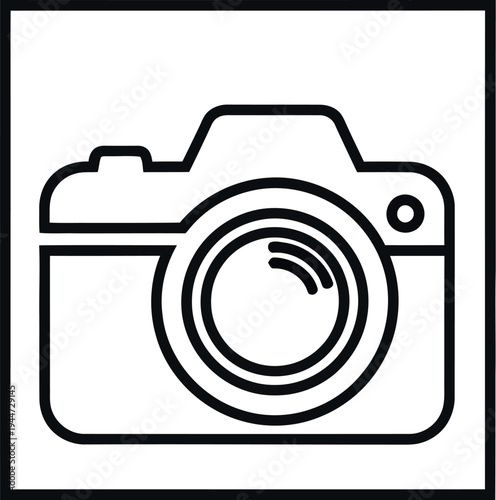 A clean, simple line art illustration featuring a modern digital camera icon enclosed within a neat square frame, ideal for applications requiring sleek photographic imagery and technology symbolism.