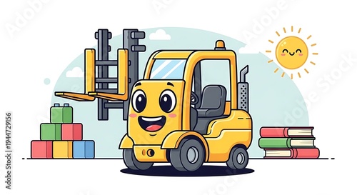 Smiling cartoon forklift with books blocks.