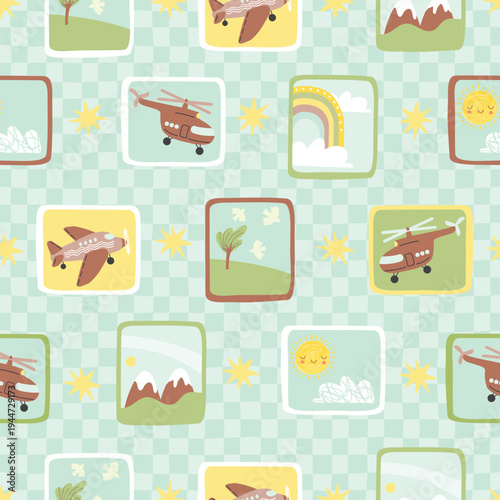 Airplane and helicopter seamless pattern with landscapes. Cartoon transport, rainbow, sun, cloud, tree, bird, star. Hand drawn square frames on retro check background. Vector print on fabric and paper