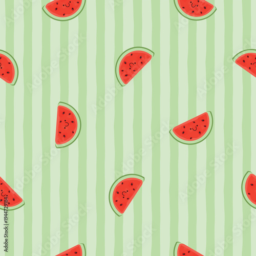 Kawaii watermelon seamless pattern. Cartoon fruit on hand drawn vertical striped background. Green, red, brown colors. Summer vintage print on fabric and paper. Vector design for textile, wallpaper.