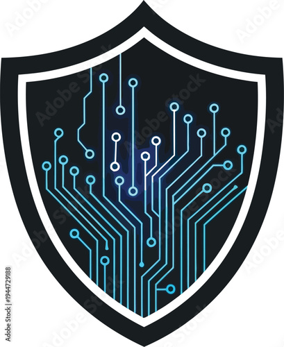 Digital security shield icon featuring a glowing blue circuit board design symbolizes advanced data protection and privacy in the cyber world for modern digital systems.