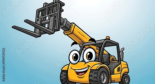 Smiling cartoon forklift truck character lifting.
