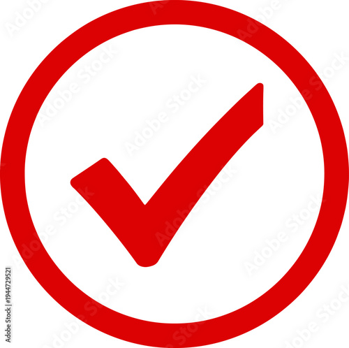 Red check mark inside circle for correct answer confirmation approval success choice and acceptance