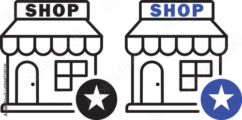 Shop Icons: A pair of shop icons with storefronts and star symbols, illustrating the concept of retail and shopping.