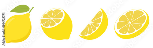 Lemon fruit set with whole lemon, half and slices, vector Illustration