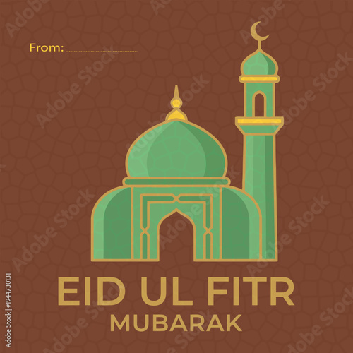 Eid Mubarak greeting card with a green mosque icon for social media posts and religious holiday marketing page