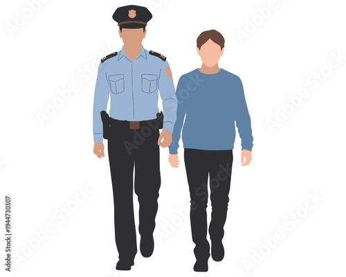 Police officer walking with a civilian man in a flat minimalist style with muted colors on a plain white background for law enforcement and legal themes.