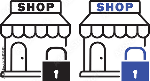 Closed Shop Illustration: Illustrative depiction of two shops with the word SHOP on the sign, and padlock indicating a store closure.