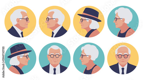Diverse senior citizen avatars in modern flat design with bright colorful circles on white background for user interface and profile pictures.