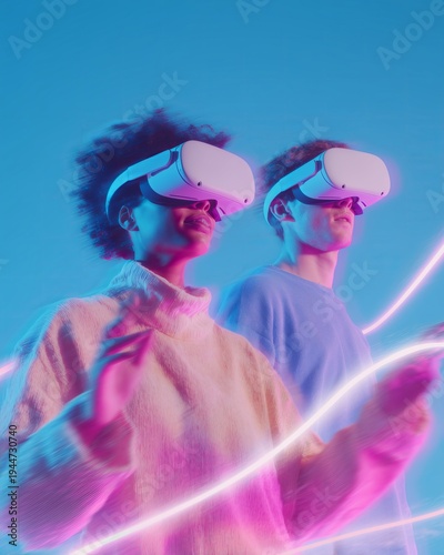 Two friends collaborating in virtual reality, wearing headsets with vibrant neon lighting, engaged in a cooperative gaming experience in a modern digital environment