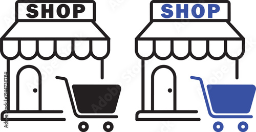 Shopping Shop Icon Set: Two shop icons with shopping carts, representing online business and retail shopping. Ideal for e-commerce, websites, or retail applications.