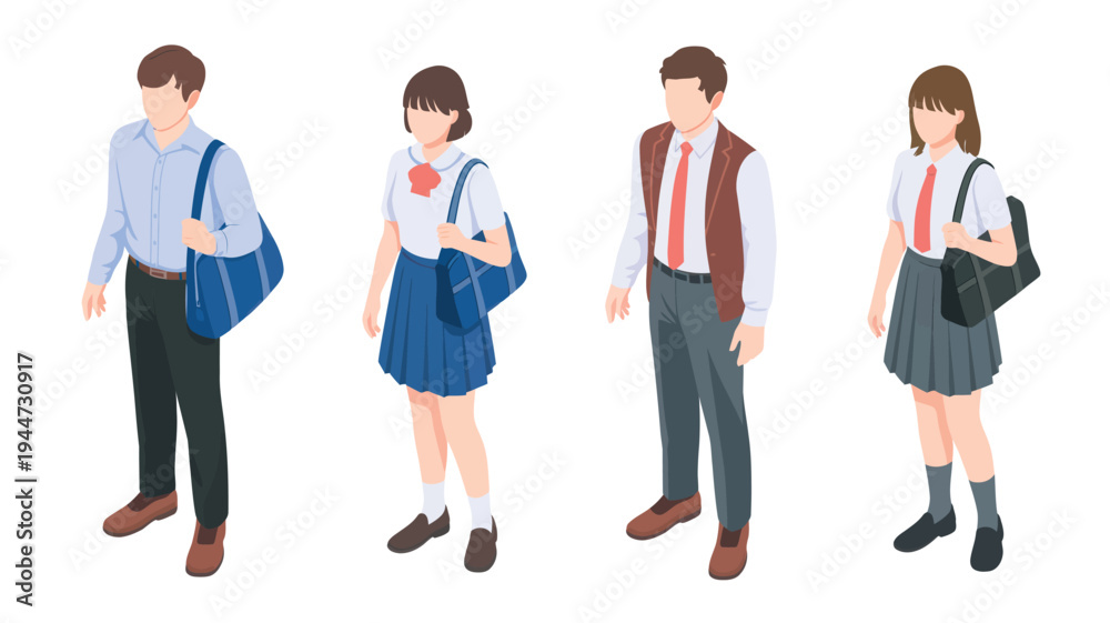 Obraz premium Isometric diverse students and young professionals in flat illustration style with bright clean colors on a white background for education and career development.