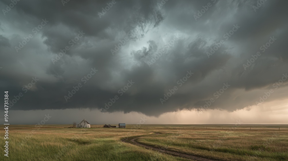 Fototapeta premium Ominous storm clouds sweep over the Saskatchewan prairie at dusk